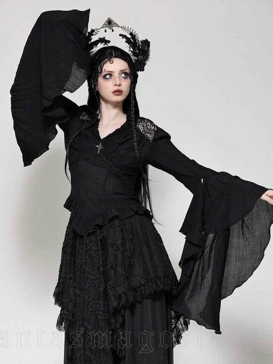 Dark in Love Tops - Dark in Love Big Bell Flare Sleeve Top Goth Fairy Core Ruffle Trim Top